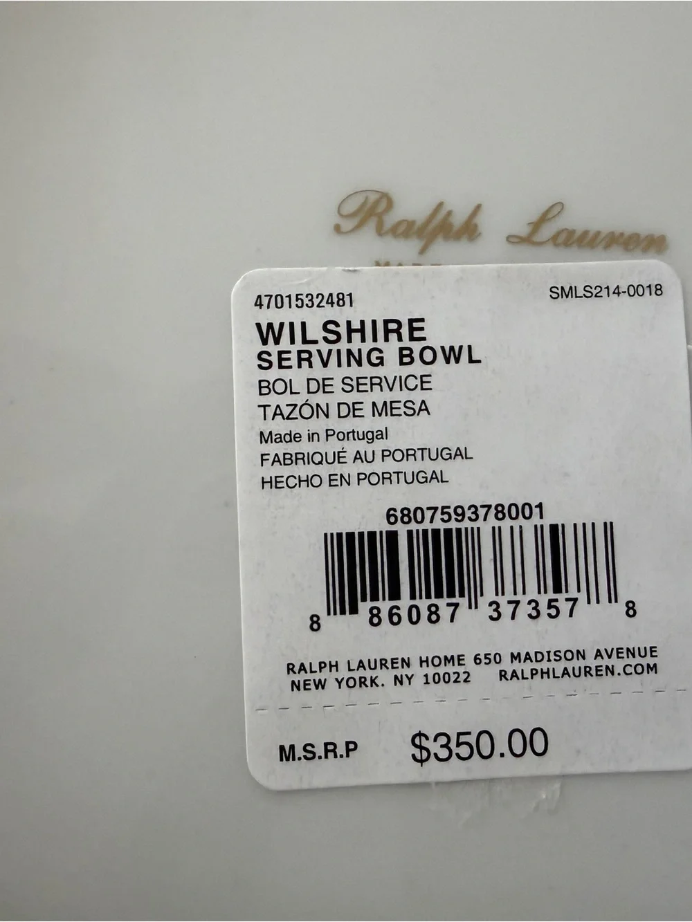 Ralph Lauren Wilshire White Porcelain Bowl and Serving Platter with Gold Trim